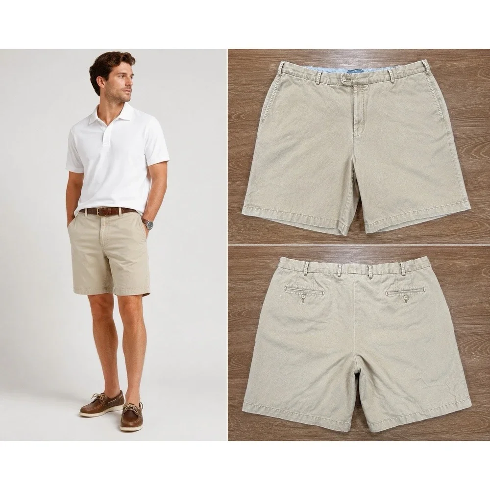 Peter Millar Mens Shorts Khaki Beige Pima Cotton Size 42 Flat Front Casual Golf